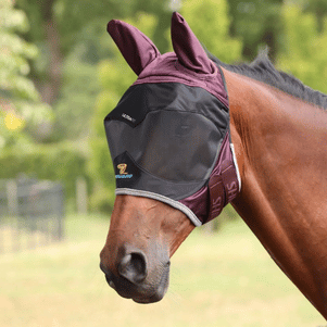 Shires FlyGuard Pro Fine Mesh Fly Mask with Ears and Nose - Black Cherry - Full