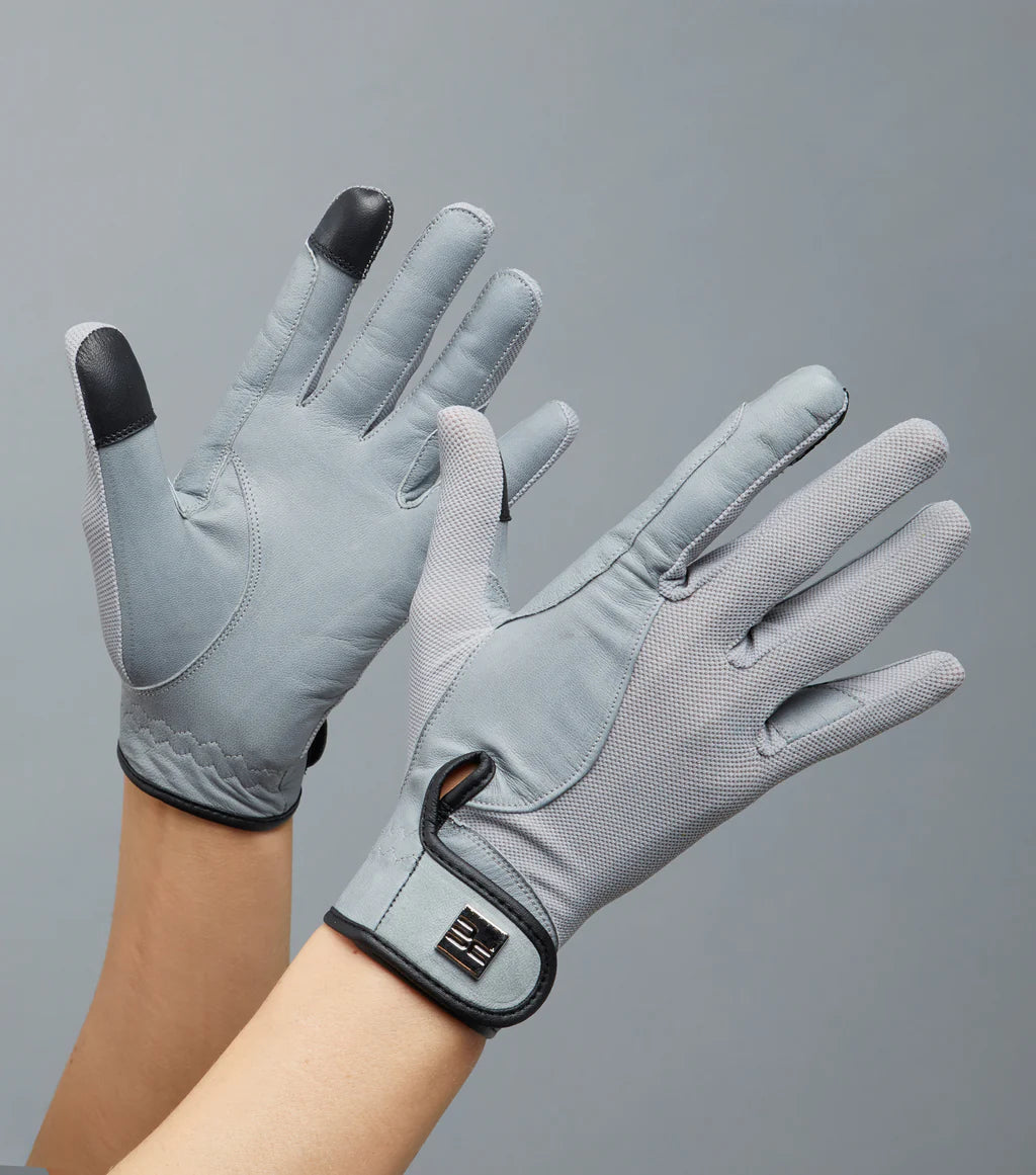 Premier Equine UK Bordoni Leather Mesh Riding Gloves Grey Medium (7.5)