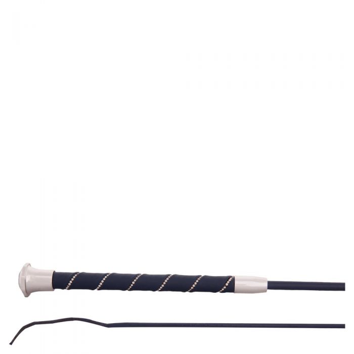 BR Dressage Whip Orion -Leather/Crystal Handle - Navy/Silver 100cm